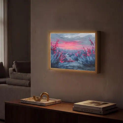 Schilderij - Zonsondergang - Bloemen - Rivier Light Box met batterij (Wandlamp) middel -sfeer1