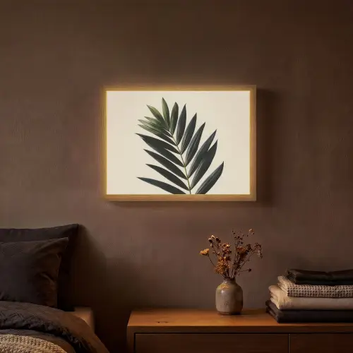 Palmblad - Donkere bladen - Subtiel Light Box met batterij (Wandlamp) middel -sfeer4