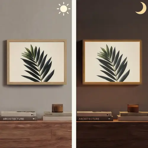 Palmblad - Donkere bladen - Subtiel Light Box met batterij (Wandlamp) middel -sfeer3