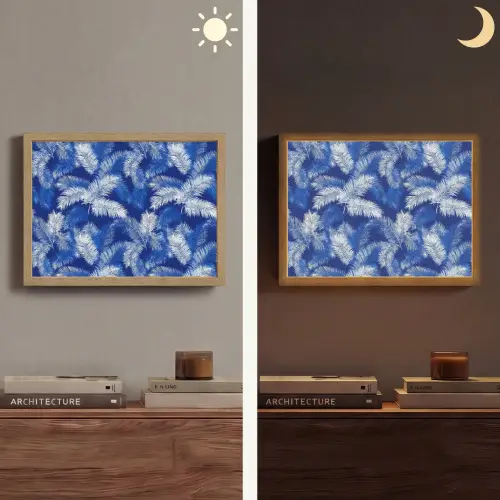 Palmblad - Patroon - Blauw Light Box met batterij (Wandlamp) middel 907 -sfeer3
