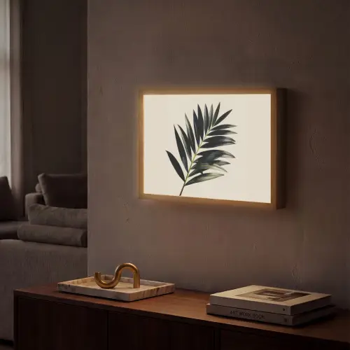 Palmblad - Subtiel - Groen - beige Light Box met batterij (Wandlamp) middel -sfeer1