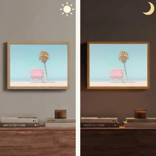 Palmboom - Strandhuis - Roze Light Box met batterij (Wandlamp) middel -sfeer3