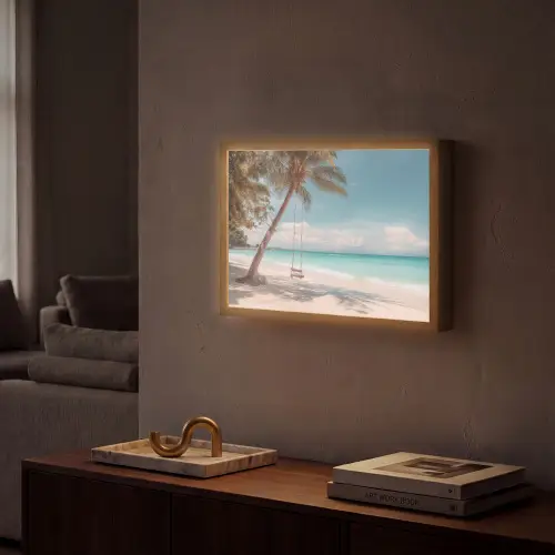 Palmboom - Schommel - Strand - Lucht Light Box met batterij (Wandlamp) middel -sfeer1
