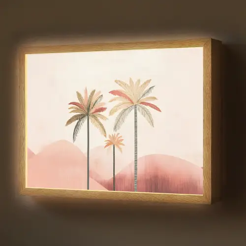Palmbomen - Heuvels - Minimalistisch - Zachtroze Light Box met batterij (Wandlamp) middel -z3d_website