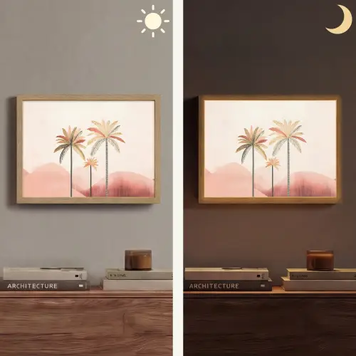 Palmbomen - Heuvels - Minimalistisch - Zachtroze Light Box met batterij (Wandlamp) middel -sfeer3
