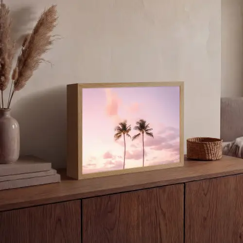 Palmbomen - Paars - Wolken - Lucht Light Box met batterij (Wandlamp) middel -sfeer2