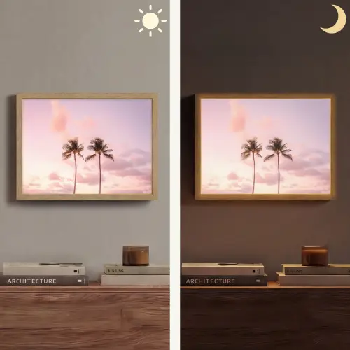 Palmbomen - Paars - Wolken - Lucht Light Box met batterij (Wandlamp) middel -sfeer3