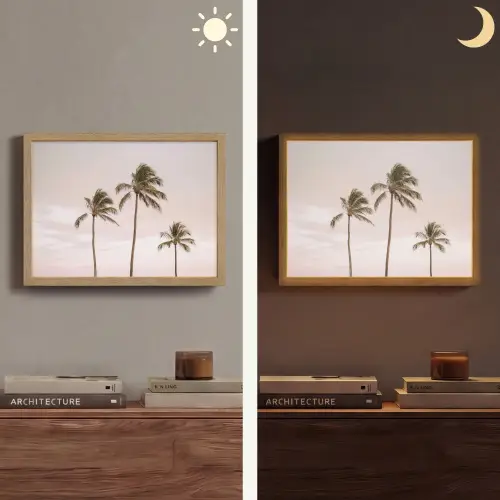 Palmbomen - Zonsondergang - Roze Light Box met batterij (Wandlamp) middel -sfeer3