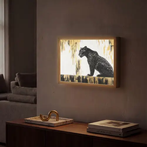 Panter - Zwart - Abstract - Goud Light Box met batterij (Wandlamp) middel -sfeer1