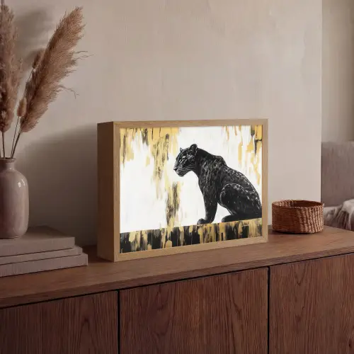 Panter - Zwart - Abstract - Goud Light Box met batterij (Wandlamp) middel -sfeer2