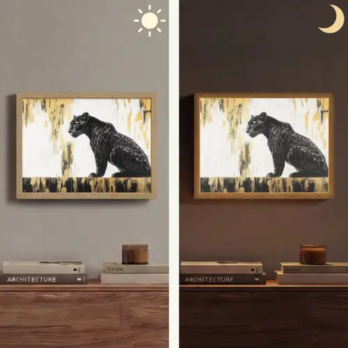 Panter - Zwart - Abstract - Goud Light Box met batterij (Wandlamp) middel -sfeer3