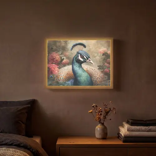 Pauw - Vogel - Bloemen - Planten - Pauwenveren Light Box met batterij (Wandlamp) middel -sfeer4