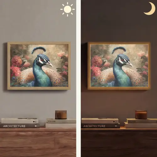 Pauw - Vogel - Bloemen - Planten - Pauwenveren Light Box met batterij (Wandlamp) middel -sfeer3