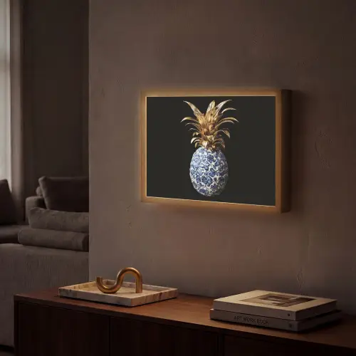 Ananas - Bloemen patroon - Goud - Delftsblauw Light Box met batterij (Wandlamp) middel -sfeer1