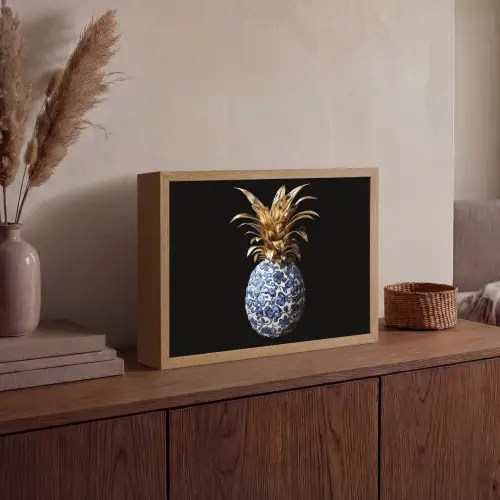Ananas - Bloemen patroon - Goud - Delftsblauw Light Box met batterij (Wandlamp) middel -sfeer2