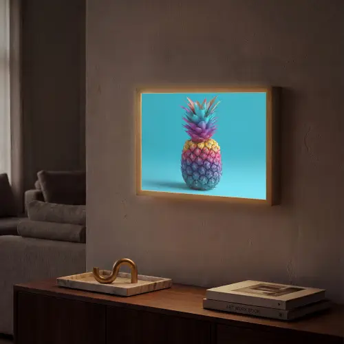Ananas - Regenboog - Blauw - Popart Light Box met batterij (Wandlamp) middel -sfeer1