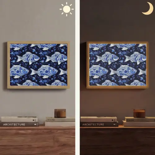 Vissen - Bloemen - Blauw Light Box met batterij (Wandlamp) middel 907 -sfeer3