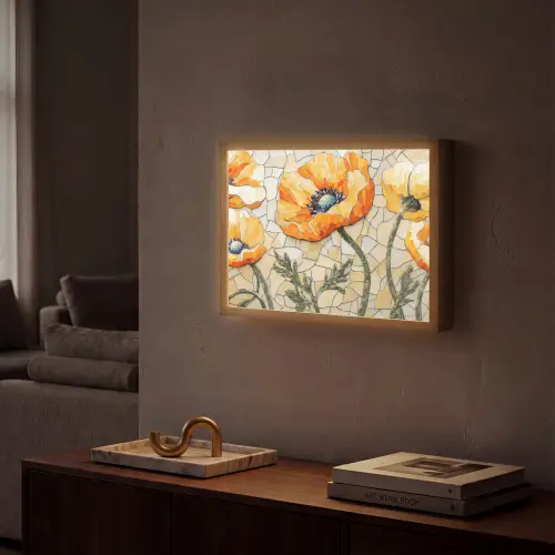 Klaprozen - Oranje - Mozaïek - Bladeren Light Box met batterij (Wandlamp) middel -sfeer1