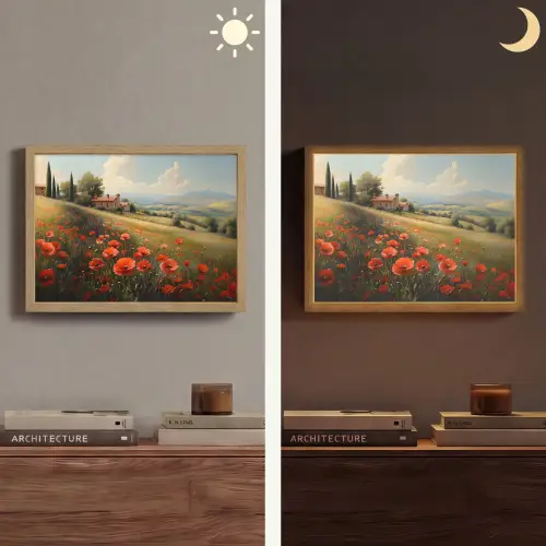 Klaprozen - Rood - Heuvels - Landschap Light Box met batterij (Wandlamp) middel -sfeer3