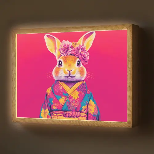 Konijn - Bloemen - Kleurrijk - Kimono Light Box met batterij (Wandlamp) middel -z3d_website