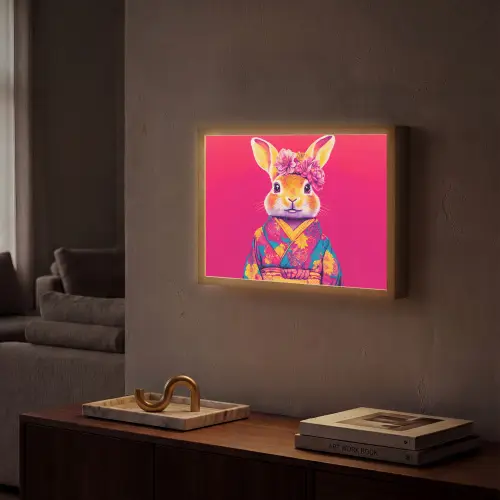 Konijn - Bloemen - Kleurrijk - Kimono Light Box met batterij (Wandlamp) middel -sfeer1
