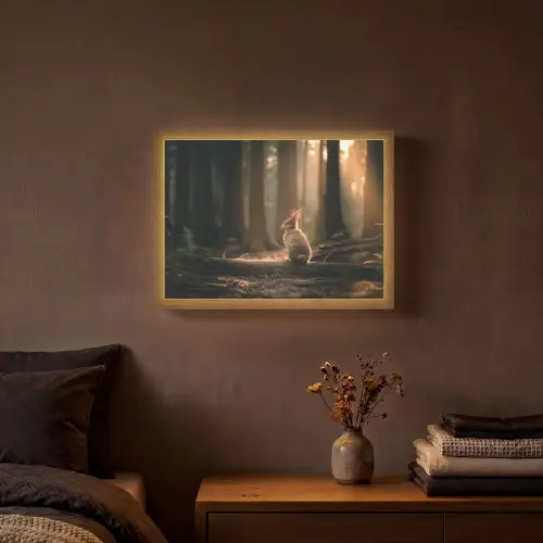 Konijn - Bos - Zonnestralen Light Box met batterij (Wandlamp) middel -sfeer4
