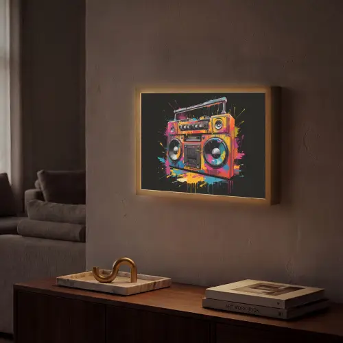 Radio - Graffiti - Box - Kleuren - Zwart Light Box met batterij (Wandlamp) middel -sfeer1