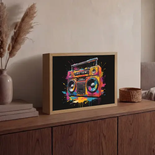 Radio - Graffiti - Box - Kleuren - Zwart Light Box met batterij (Wandlamp) middel -sfeer2