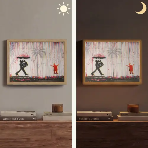 Regen - Graffiti - Man - Banksy Style Light Box met batterij (Wandlamp) middel -sfeer3