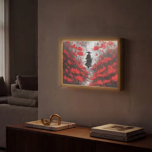 Rode bloemen - mistig - Man Light Box met batterij (Wandlamp) middel -sfeer1