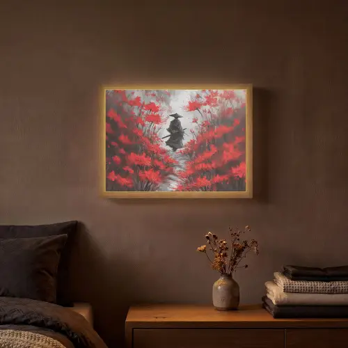 Rode bloemen - mistig - Man Light Box met batterij (Wandlamp) middel -sfeer4
