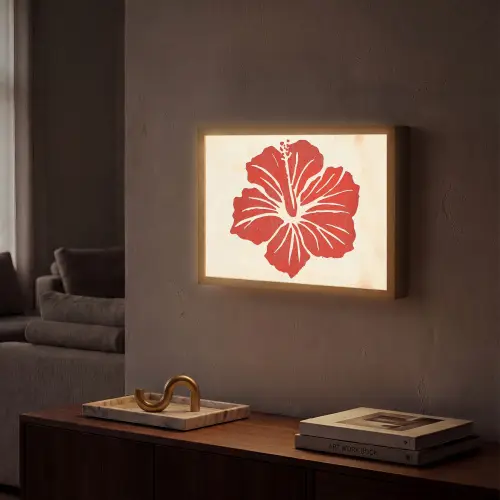 Rode hibiscusbloem - Textuur achtergrond - Beige Light Box met batterij (Wandlamp) middel -sfeer1