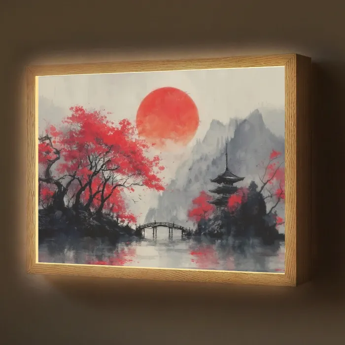 Rode zon - Rivier - brug - Bomen Light Box met batterij (Wandlamp) middel -z3d_website