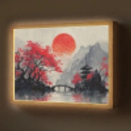 Rode zon - Rivier - brug - Bomen Light Box met batterij (Wandlamp) middel -z3d_website