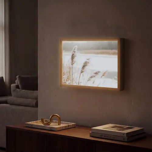 Riet - Meer - Winter - Natuur - Sneeuw - Beige Light Box met batterij (Wandlamp) middel -sfeer1