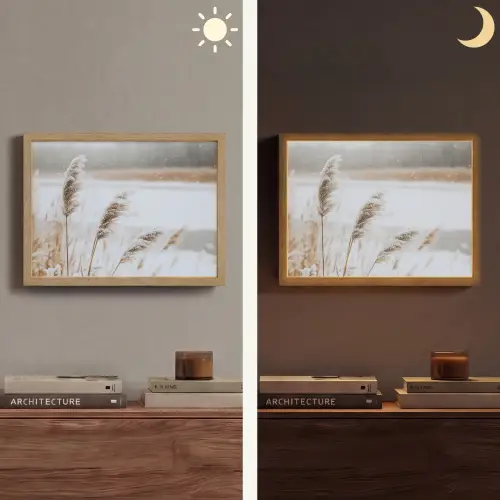 Riet - Meer - Winter - Natuur - Sneeuw - Beige Light Box met batterij (Wandlamp) middel -sfeer3