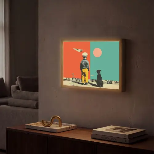 Retro - Jongen - Hond - Rood - Groen Light Box met batterij (Wandlamp) middel -sfeer1