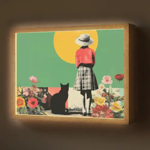 Retro - Meisje - Kat - Zon Light Box met batterij (Wandlamp) middel -z3d_website