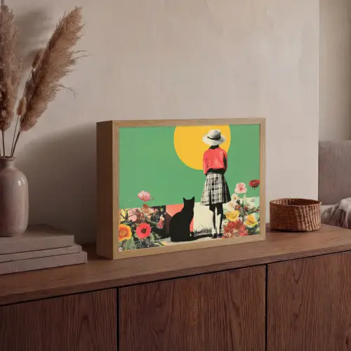 Retro - Meisje - Kat - Zon Light Box met batterij (Wandlamp) middel -sfeer2
