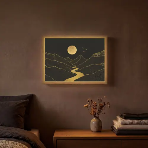 Rivier - Goud - Maan - Vogels Light Box met batterij (Wandlamp) middel -sfeer4
