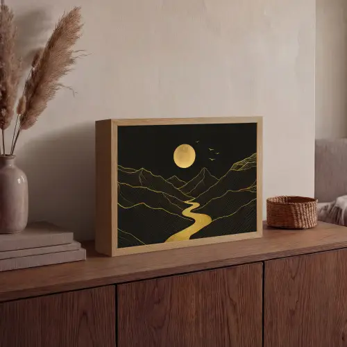 Rivier - Goud - Maan - Vogels Light Box met batterij (Wandlamp) middel -sfeer2