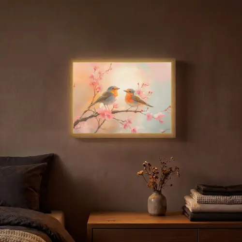 Roodborstjes - Sierlijk - Bloesemtak Light Box met batterij (Wandlamp) middel -sfeer4