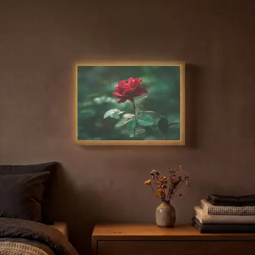 Roos - Bladeren - Dieprood Light Box met batterij (Wandlamp) middel -sfeer4