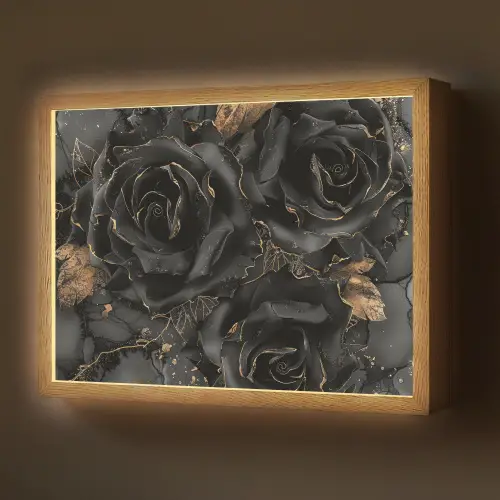 Rozen - Zwart - Bloemen - Goud Light Box met batterij (Wandlamp) middel -z3d_website