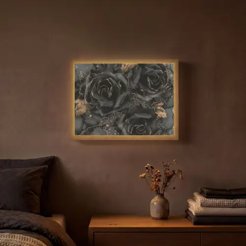Rozen - Zwart - Bloemen - Goud Light Box met batterij (Wandlamp) middel -sfeer4