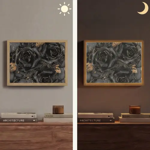 Rozen - Zwart - Bloemen - Goud Light Box met batterij (Wandlamp) middel -sfeer3