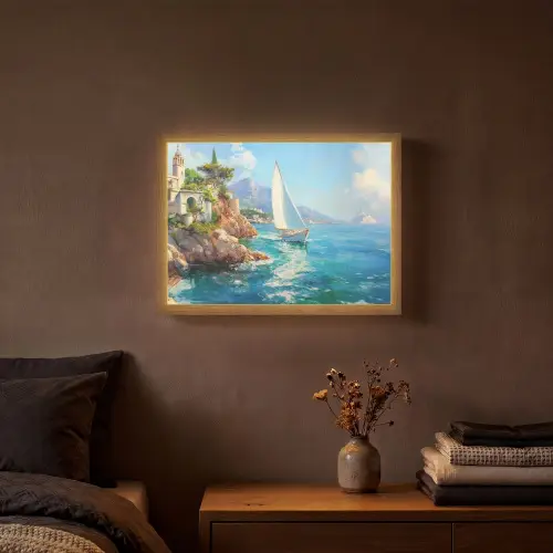 Zeilboot - Rotsen - Kust - Huizen Light Box met batterij (Wandlamp) middel -sfeer4