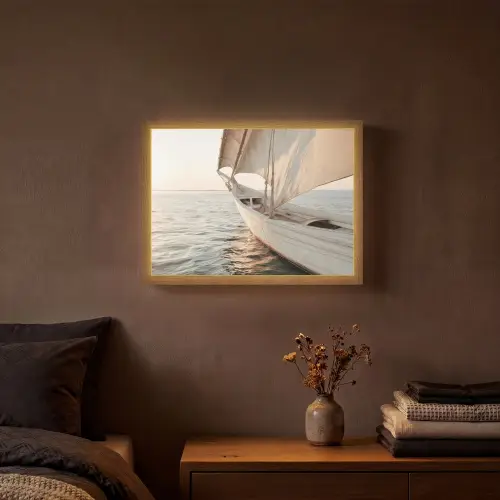 Zeilboot - Zee - Beige - Zon Light Box met batterij (Wandlamp) middel -sfeer4