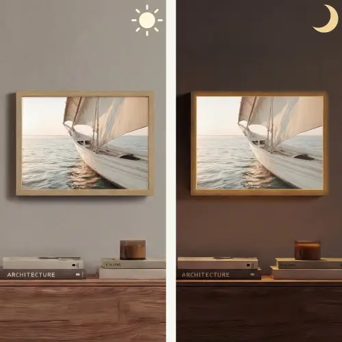 Zeilboot - Zee - Beige - Zon Light Box met batterij (Wandlamp) middel -sfeer3
