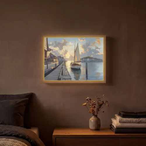 Zeilboot - Zon - Pier - Hout Light Box met batterij (Wandlamp) middel -sfeer4